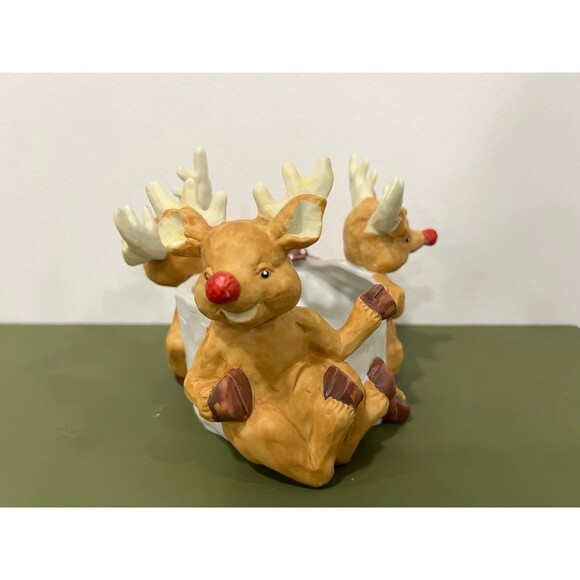Three Rudolf the Red Nosed Reindeer Porcelain Candle Holder Candy Dish - Picture 1 of 4